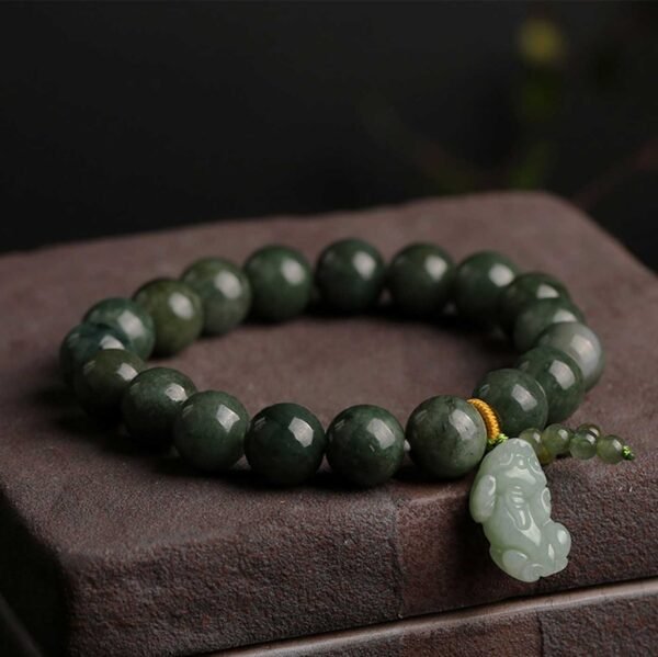 Green Jade Bracelet with Pixiu - Invite Wealth & Calming Energies - Image 2